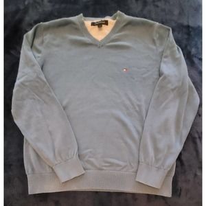 Tommy Hilfiger Blue Nice V-Neck‎ Men's Large Sweater Logo Long Sleeve